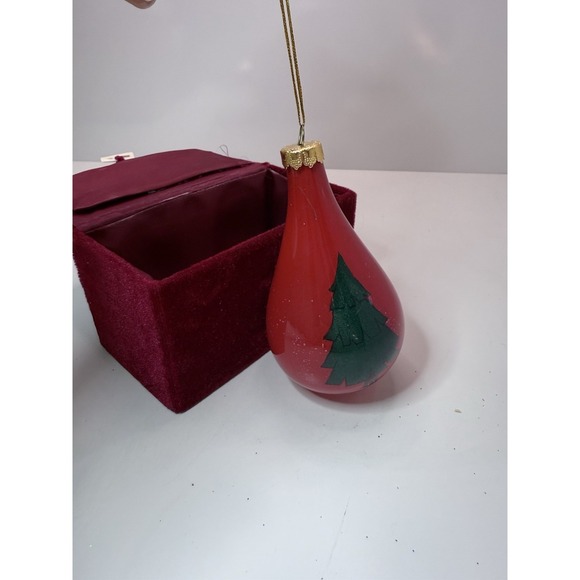 Other - Vintage Hand Blown Glass Christmas Ornament Red Teardrop w/ Tree & Velvet Box